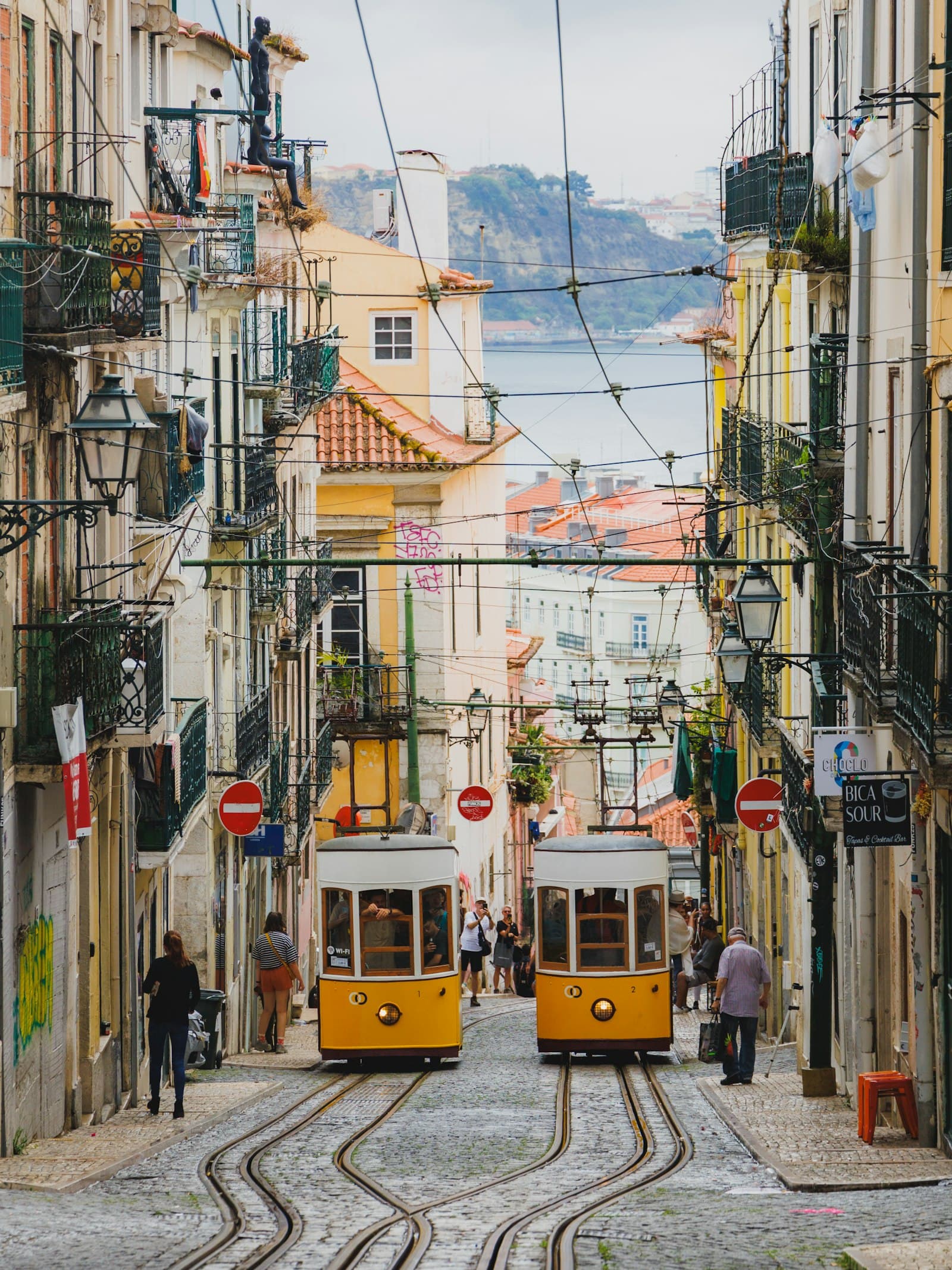 Yellow trams of the Elevador da Bica in Lisbon